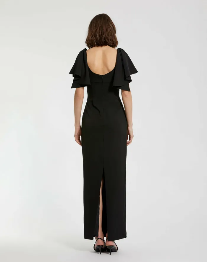 Daytime Dresses Mac Duggal Women Black Crepe Fitted Long Dress With Short Ruffle Sleeves Black