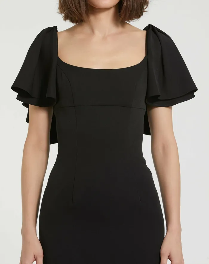 Daytime Dresses Mac Duggal Women Black Crepe Fitted Long Dress With Short Ruffle Sleeves Black