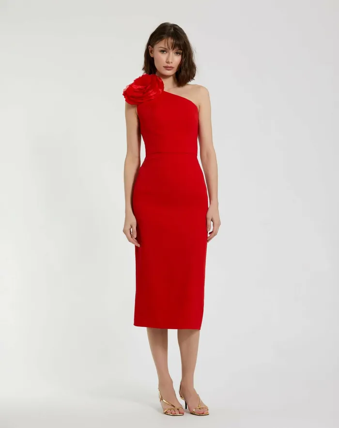 Daytime Dresses Mac Duggal Women Crepe One Shoulder Midi Dress With Flower Cherry