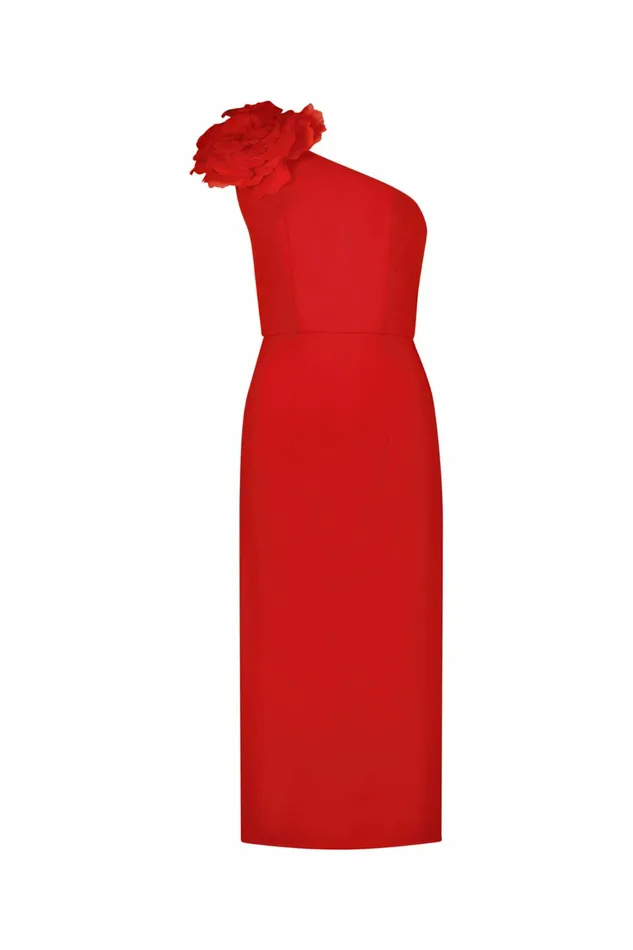Daytime Dresses Mac Duggal Women Crepe One Shoulder Midi Dress With Flower Cherry