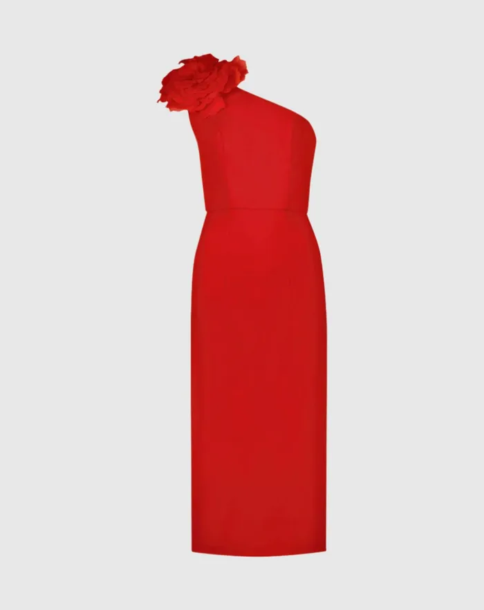 Daytime Dresses Mac Duggal Women Crepe One Shoulder Midi Dress With Flower Cherry