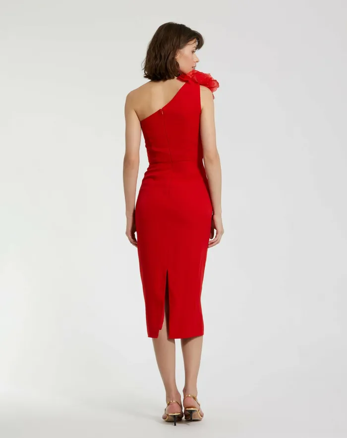 Daytime Dresses Mac Duggal Women Crepe One Shoulder Midi Dress With Flower Cherry