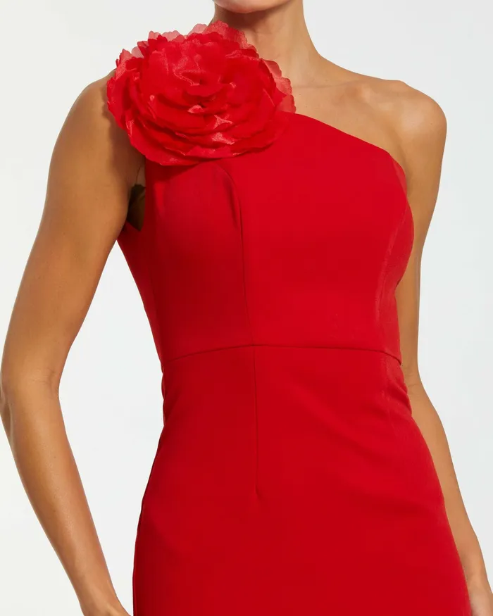 Daytime Dresses Mac Duggal Women Crepe One Shoulder Midi Dress With Flower Cherry