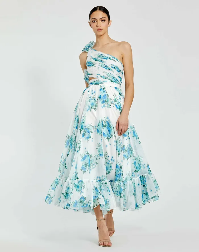 Daytime Dresses One Shoulder Ruffle CutOut Chiffon Midi Dress White Multi Mac Duggal Women Daytime Dresses One Shoulder Ruffle CutOut Chiffon Midi Dress White Multi Mac Duggal Women