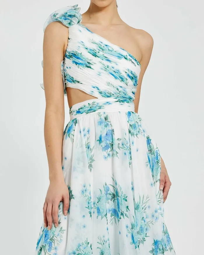 Daytime Dresses One Shoulder Ruffle CutOut Chiffon Midi Dress White Multi Mac Duggal Women