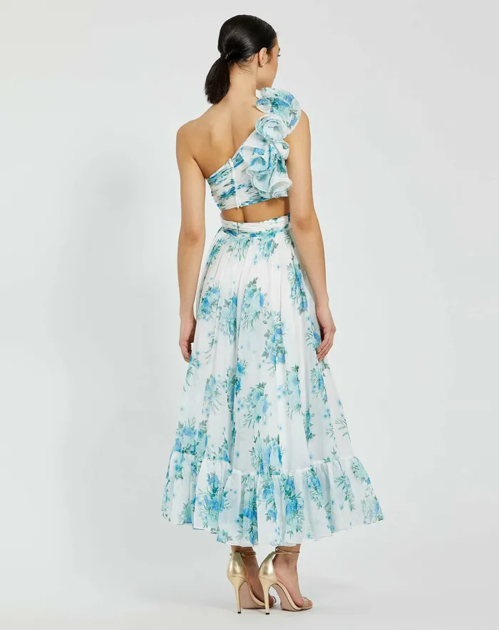 Daytime Dresses One Shoulder Ruffle CutOut Chiffon Midi Dress White Multi Mac Duggal Women