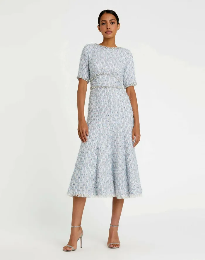Daytime Dresses Short Sleeve Beaded Trim Boucle Midi Dress Blue Multi Mac Duggal Women