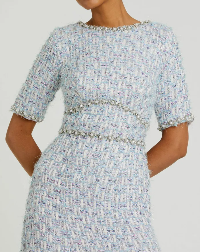 Daytime Dresses Short Sleeve Beaded Trim Boucle Midi Dress Blue Multi Mac Duggal Women