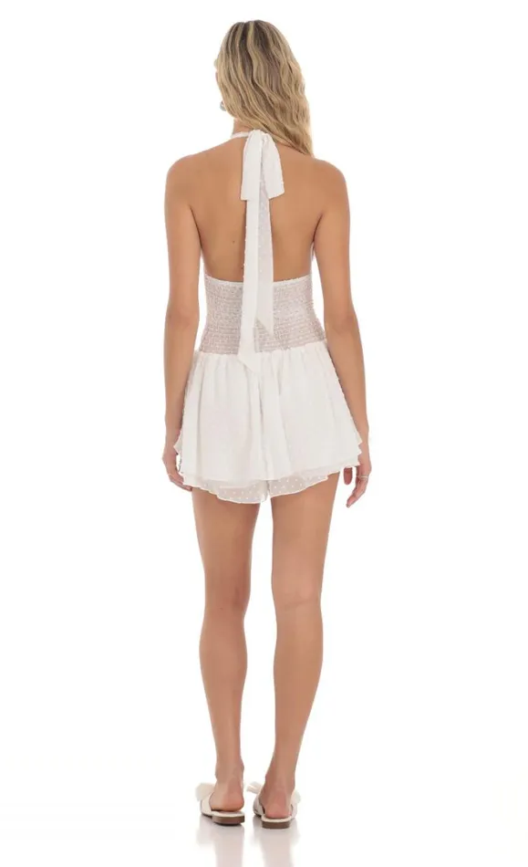 Dotted Halter Smocked Romper White Women LUCY IN THE SKY Rompers Dotted Halter Smocked Romper White Women LUCY IN THE SKY Rompers