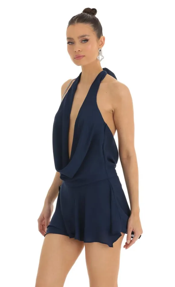 Draped Plunge Neck Dress Navy Women LUCY IN THE SKY Mini Dresses Draped Plunge Neck Dress Navy Women LUCY IN THE SKY Mini Dresses