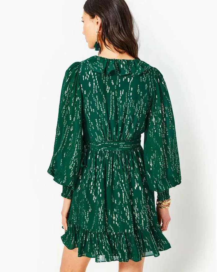 Dresses Women Lilly Pulitzer Birdy Long Sleeve Silk Wrap Dress Evergreen Fish Clip Chiffon