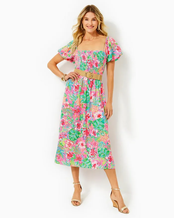 Dresses Women Lilly Pulitzer Shawnlee Elbow Sleeve OffTheShoulder Cotton Midi Dress Alba Blue