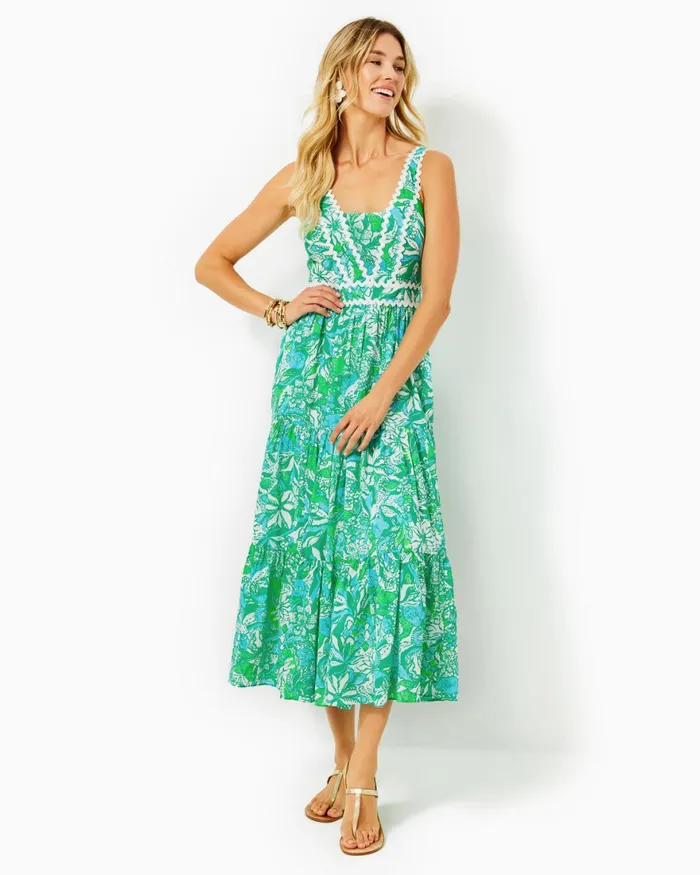 Dresses Women Lilly Pulitzer Shawnlee Elbow Sleeve OffTheShoulder Cotton Midi Dress Alba Blue