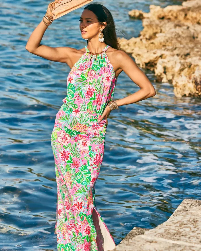 Dresses Women Lilly Pulitzer Shawnlee Elbow Sleeve OffTheShoulder Cotton Midi Dress Alba Blue
