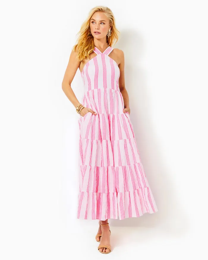 Dresses Women Lilly Pulitzer Shawnlee Elbow Sleeve OffTheShoulder Cotton Midi Dress Alba Blue