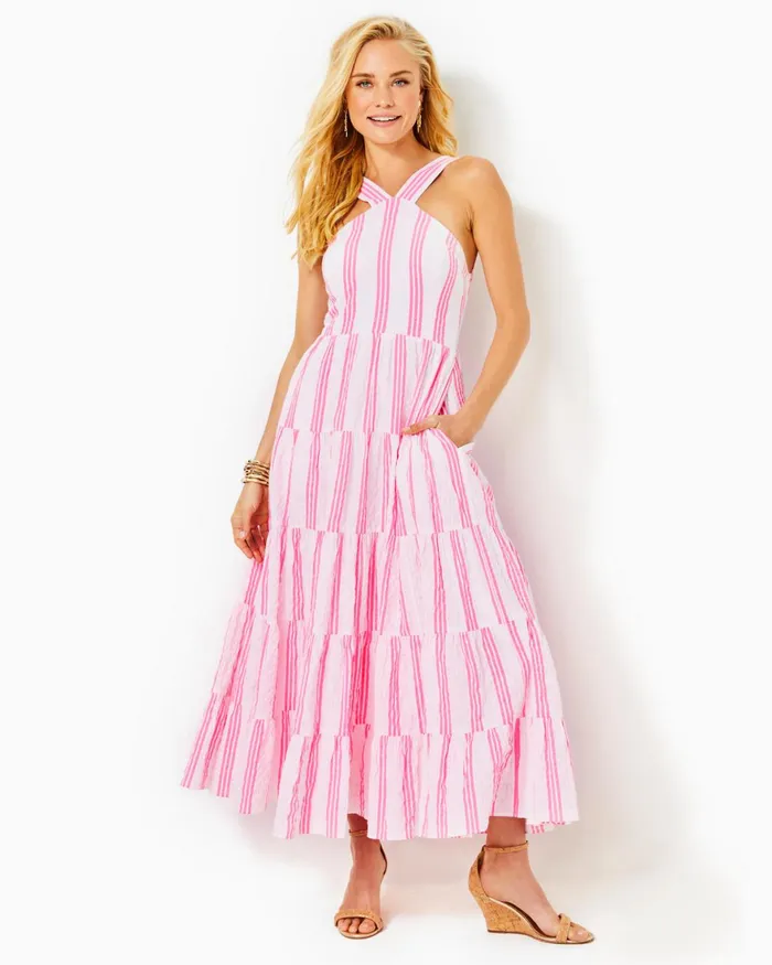 Dresses Women Lilly Pulitzer Shawnlee Elbow Sleeve OffTheShoulder Cotton Midi Dress Alba Blue
