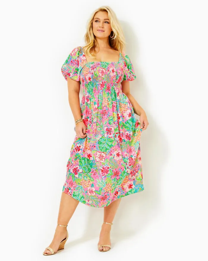 Dresses Women Lilly Pulitzer Shawnlee Elbow Sleeve OffTheShoulder Cotton Midi Dress Alba Blue