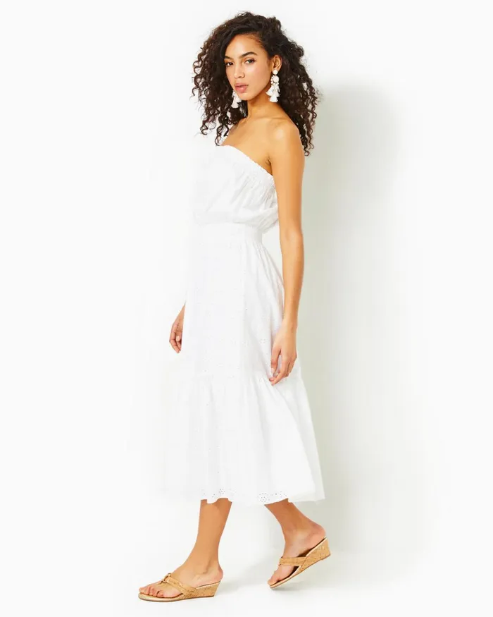 Dresses Women Lilly Pulitzer Shawnlee Elbow Sleeve OffTheShoulder Cotton Midi Dress Alba Blue