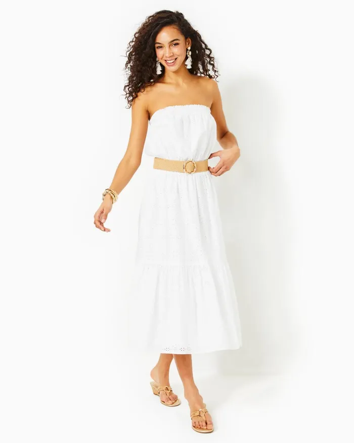 Dresses Women Lilly Pulitzer Shawnlee Elbow Sleeve OffTheShoulder Cotton Midi Dress Alba Blue