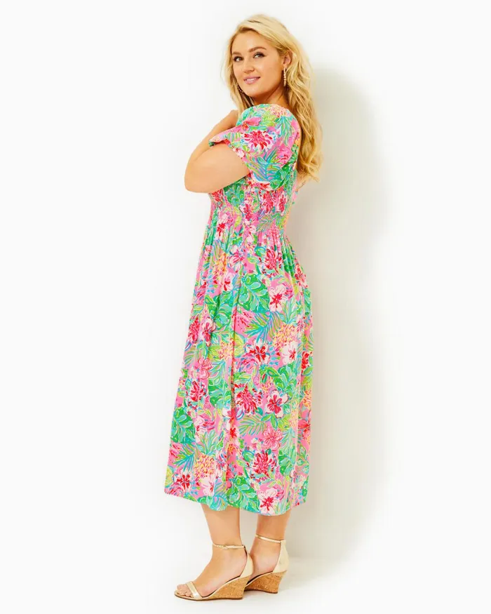 Dresses Women Lilly Pulitzer Shawnlee Elbow Sleeve OffTheShoulder Cotton Midi Dress Alba Blue
