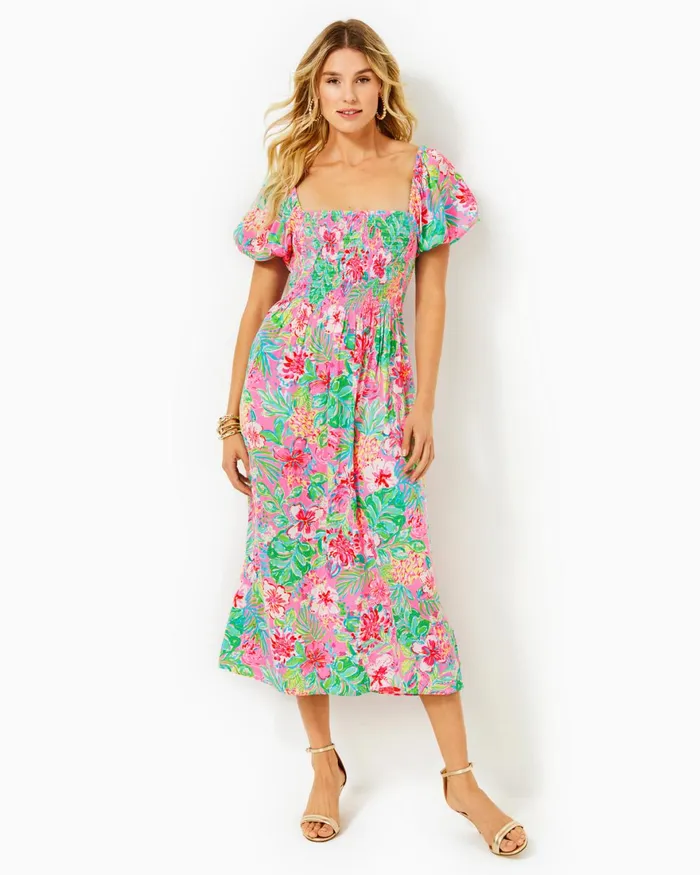 Dresses Women Lilly Pulitzer Shawnlee Elbow Sleeve OffTheShoulder Cotton Midi Dress Alba Blue