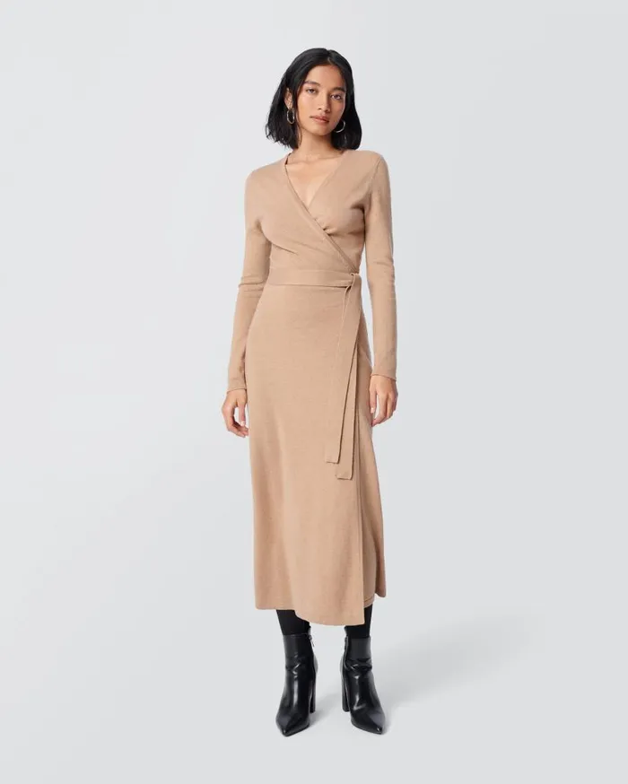 DVF Dresses Women Astrid WoolCashmere Wrap Dress Camel