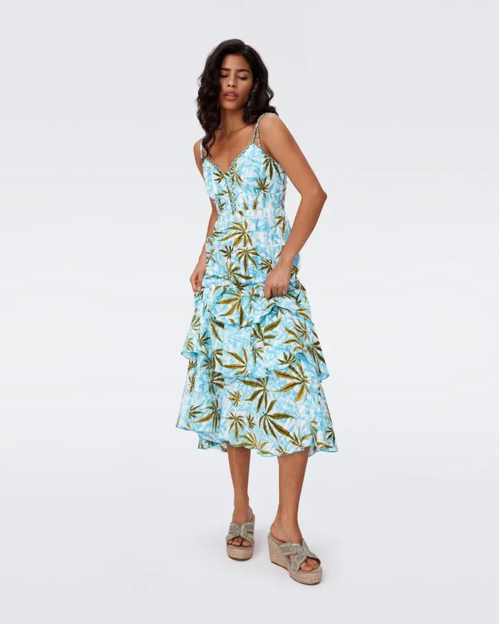 DVF Dresses Women Cate Cotton Dress Huge Cannabis Blue