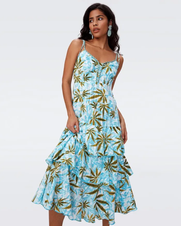 DVF Dresses Women Cate Cotton Dress Huge Cannabis Blue