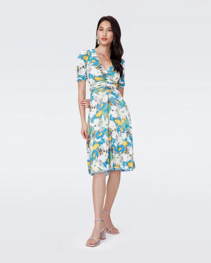 DVF Dresses Women Koren Reversible Mesh Dress June Bloom Blue And Day Dream Floral Blue