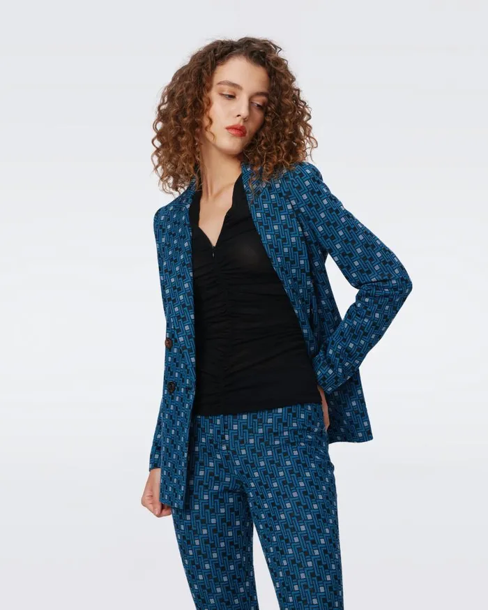 DVF Jackets and Coats Women Bien Jacquard Jacket Tiny Vinyl Links Dark Teal