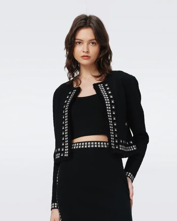 DVF Sweaters and Knits Women Brogan Knit Jacquard Cardigan Black And Stud
