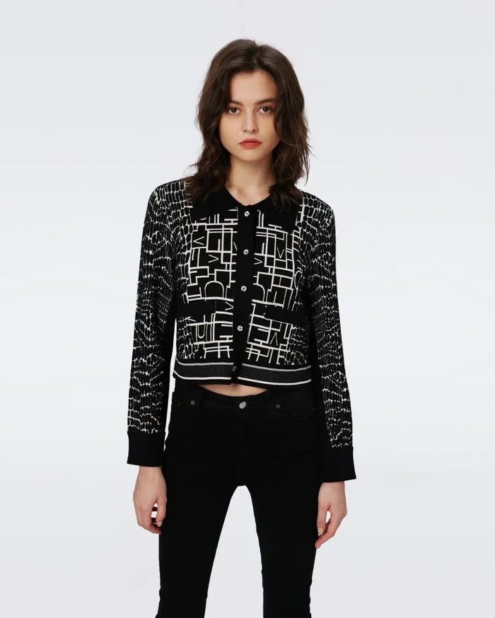 DVF Sweaters and Knits Women Riva Knit Jacquard Cardigan Dvf Logo And Leopard Black