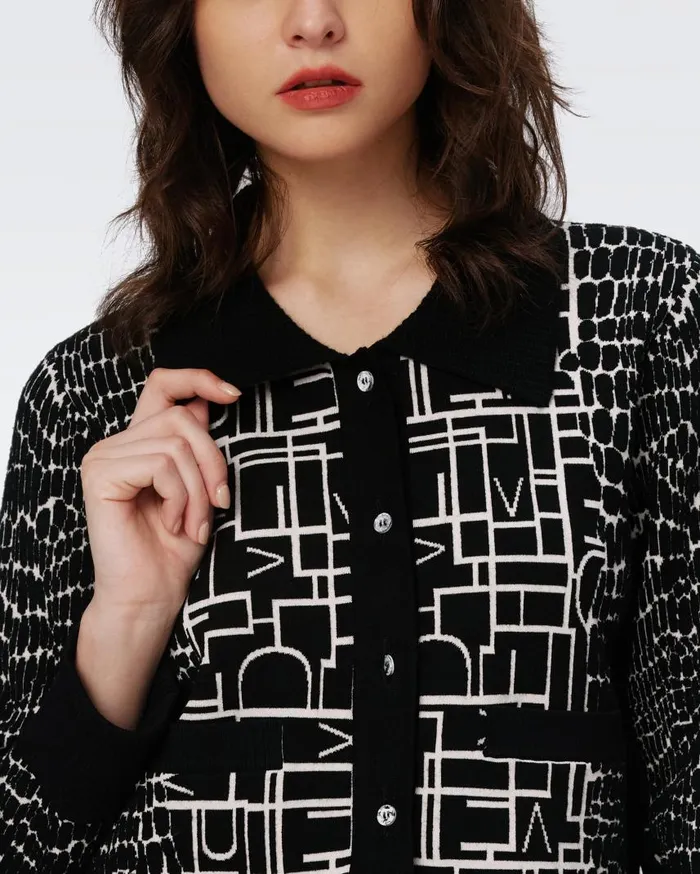 DVF Sweaters and Knits Women Riva Knit Jacquard Cardigan Dvf Logo And Leopard Black