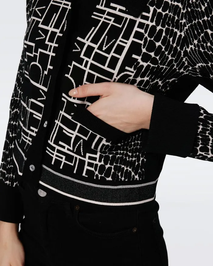 DVF Sweaters and Knits Women Riva Knit Jacquard Cardigan Dvf Logo And Leopard Black