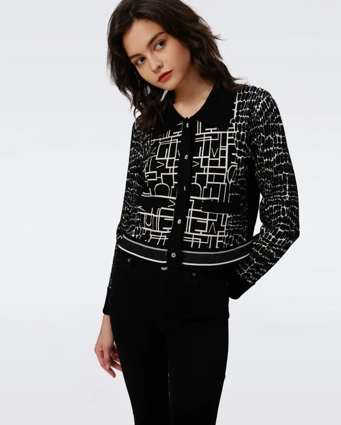 DVF Sweaters and Knits Women Riva Knit Jacquard Cardigan Dvf Logo And Leopard Black