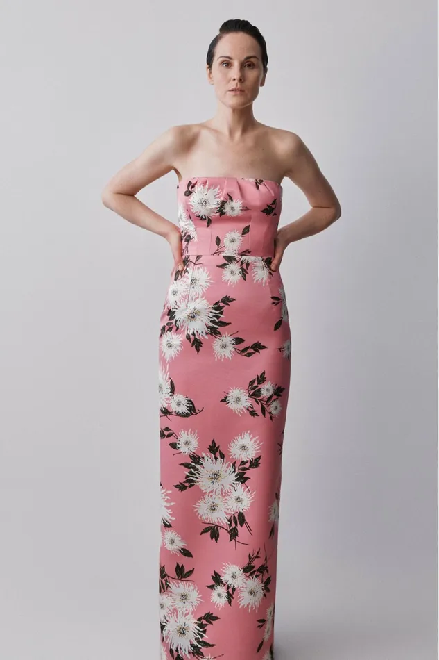 Emilia Wickstead Emine Gown Pink Dahlia Floral Print Taffeta Faille Women Gowns