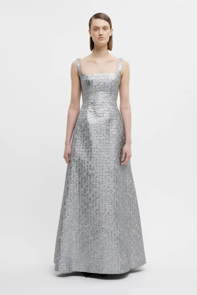 Emilia Wickstead Irena Dress In Silver Metallic Seersucker Women Dresses