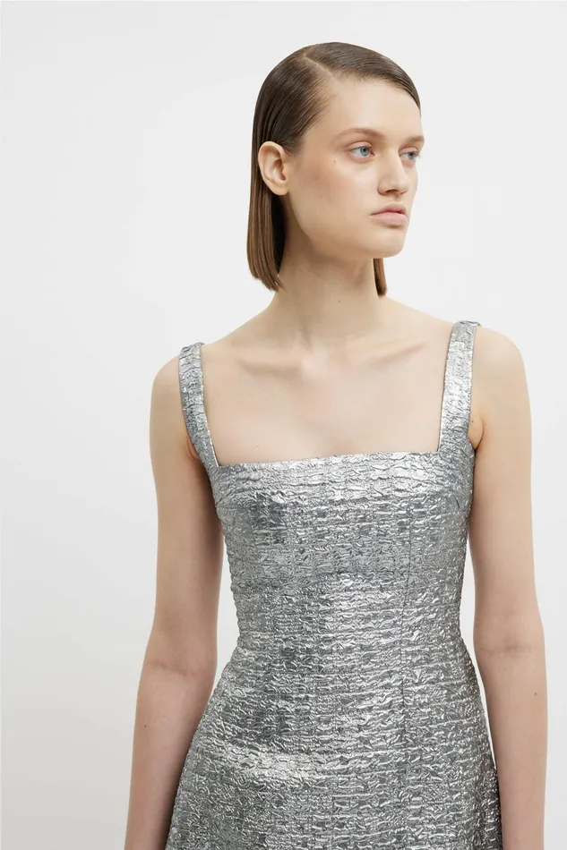 Emilia Wickstead Irena Dress In Silver Metallic Seersucker Women Dresses