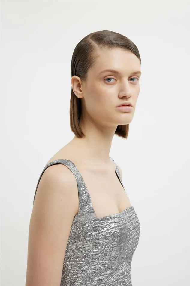 Emilia Wickstead Irena Dress In Silver Metallic Seersucker Women Dresses