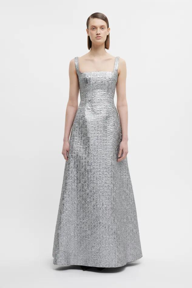 Emilia Wickstead Irena Dress In Silver Metallic Seersucker Women Dresses