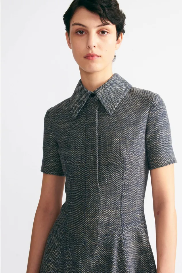 Emilia Wickstead Jody Dress In Navy and Ivory Chevron Weave Women Denim