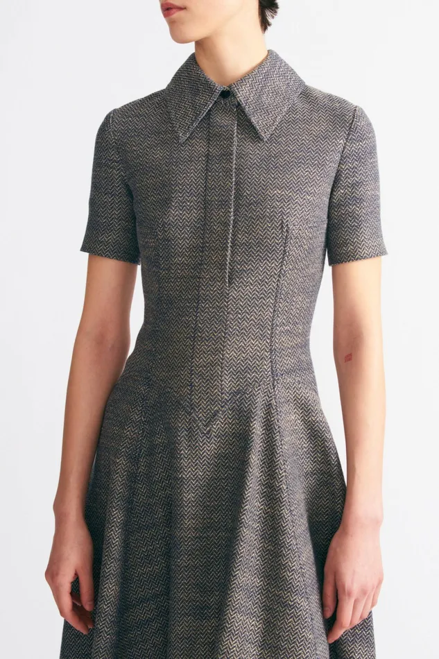 Emilia Wickstead Jody Dress In Navy and Ivory Chevron Weave Women Denim