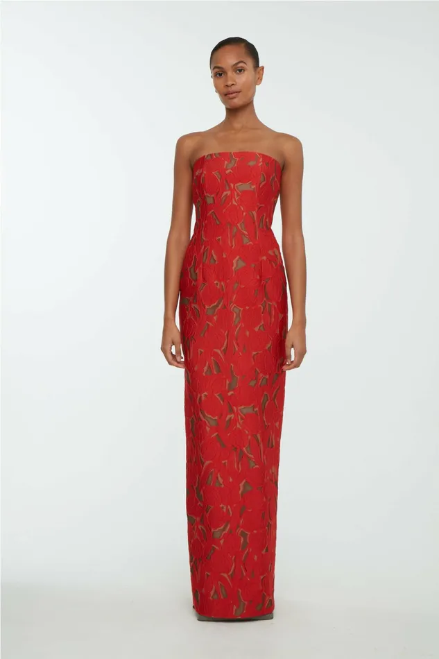 Emilia Wickstead Laelia Dress In Red On Beige Embellished Wool Women Dresses