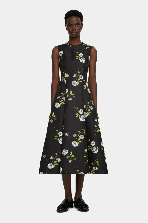 Emilia Wickstead Mara Dress In Floral Printed Rose Stems Black Moire Women Dresses