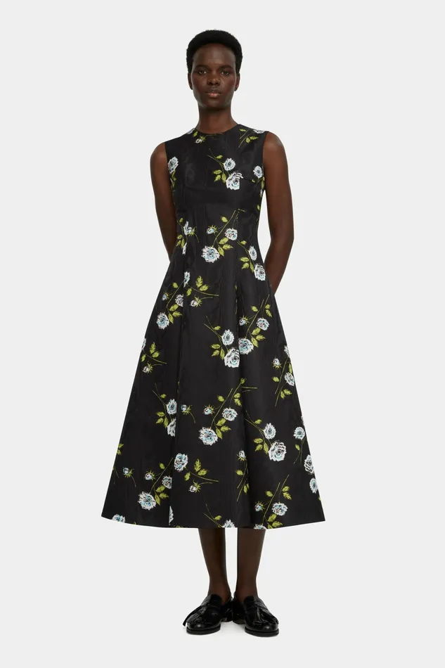 Emilia Wickstead Mara Dress In Floral Printed Rose Stems Black Moire Women Dresses Emilia Wickstead Mara Dress In Floral Printed Rose Stems Black Moire Women Dresses