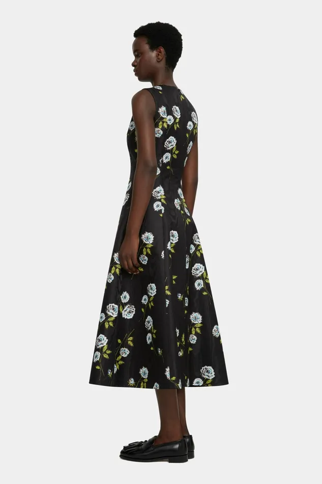Emilia Wickstead Mara Dress In Floral Printed Rose Stems Black Moire Women Dresses Emilia Wickstead Mara Dress In Floral Printed Rose Stems Black Moire Women Dresses