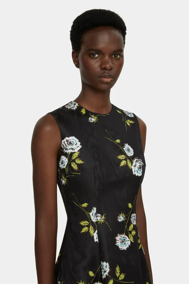 Emilia Wickstead Mara Dress In Floral Printed Rose Stems Black Moire Women Dresses Emilia Wickstead Mara Dress In Floral Printed Rose Stems Black Moire Women Dresses