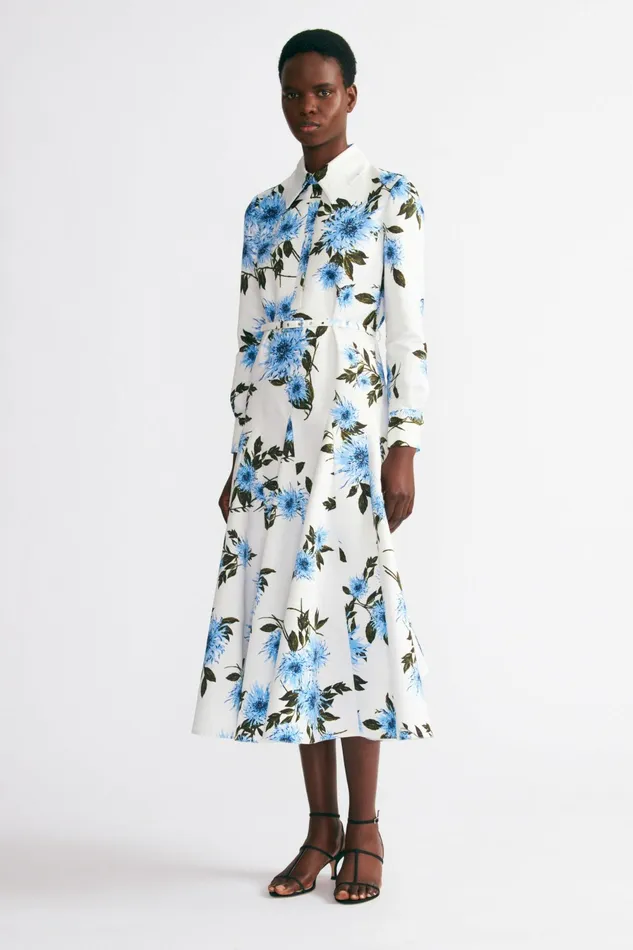 Emilia Wickstead Tomasina Dress In Blue Floral Print Taffeta Faille Women Dresses