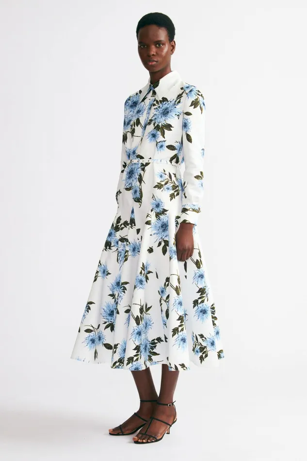 Emilia Wickstead Tomasina Dress In Blue Floral Print Taffeta Faille Women Dresses