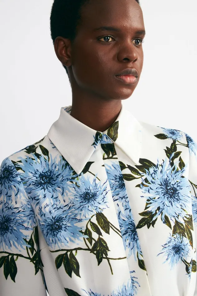 Emilia Wickstead Tomasina Dress In Blue Floral Print Taffeta Faille Women Dresses